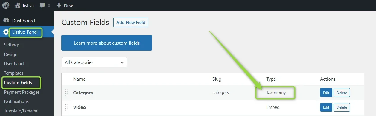 The Custom Fields screen under Listivo Panel in wp-admin, with an arrow pointing at the Type column where the Category field is marked Taxonomy.