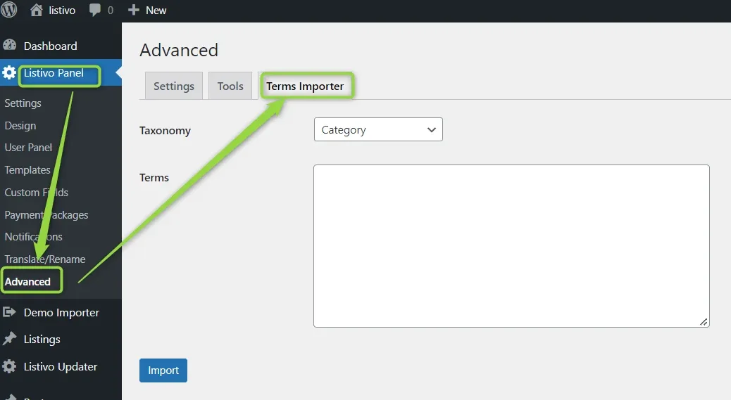 The Terms Importer tab under Listivo Panel > Advanced, with a Taxonomy dropdown set to Category, an empty Terms text area and an Import button.