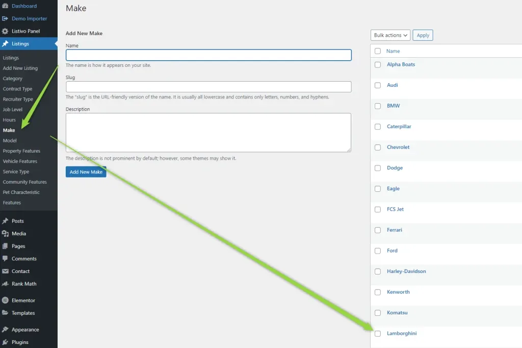 The Make taxonomy screen in wp-admin, with an arrow pointing at Lamborghini in the list of existing makes.