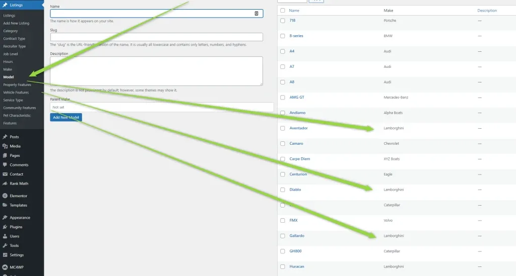 The Model taxonomy list in wp-admin, with arrows pointing at rows such as Aventador and Diablo that now show Lamborghini in the Make column.