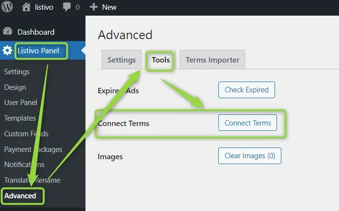 The Tools tab of Listivo Panel > Advanced in wp-admin, with arrows pointing at the Connect Terms row and its button, between the Expired Ads and Images rows.