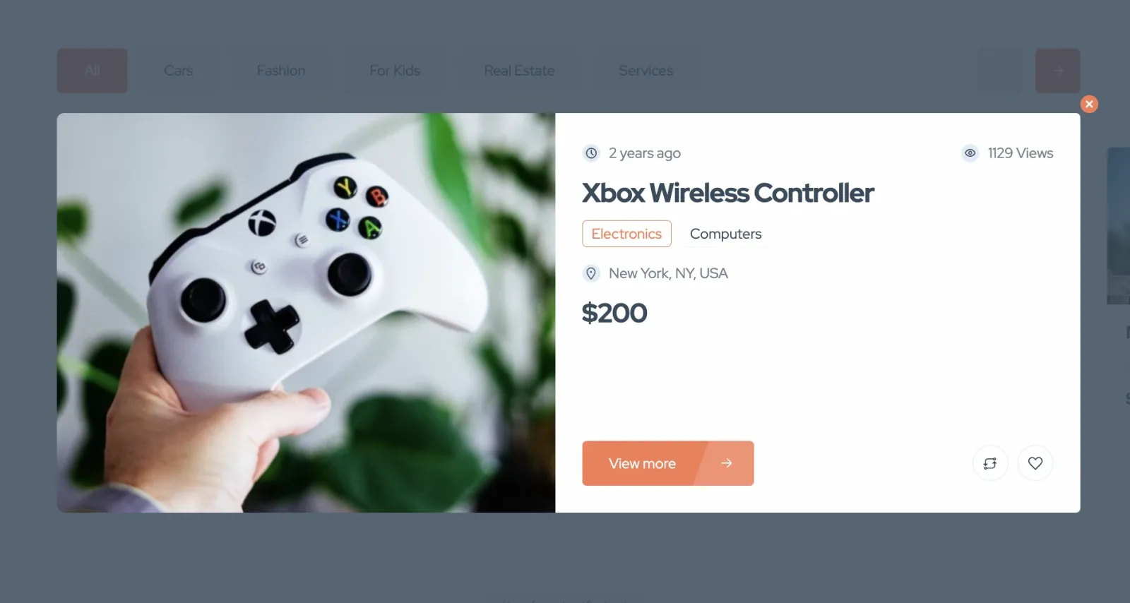The quick preview popup over a dimmed search page: a large photo of an Xbox Wireless Controller next to the title, the Electronics and Computers categories, the location New York, NY, USA, the $200 price and a View more button.