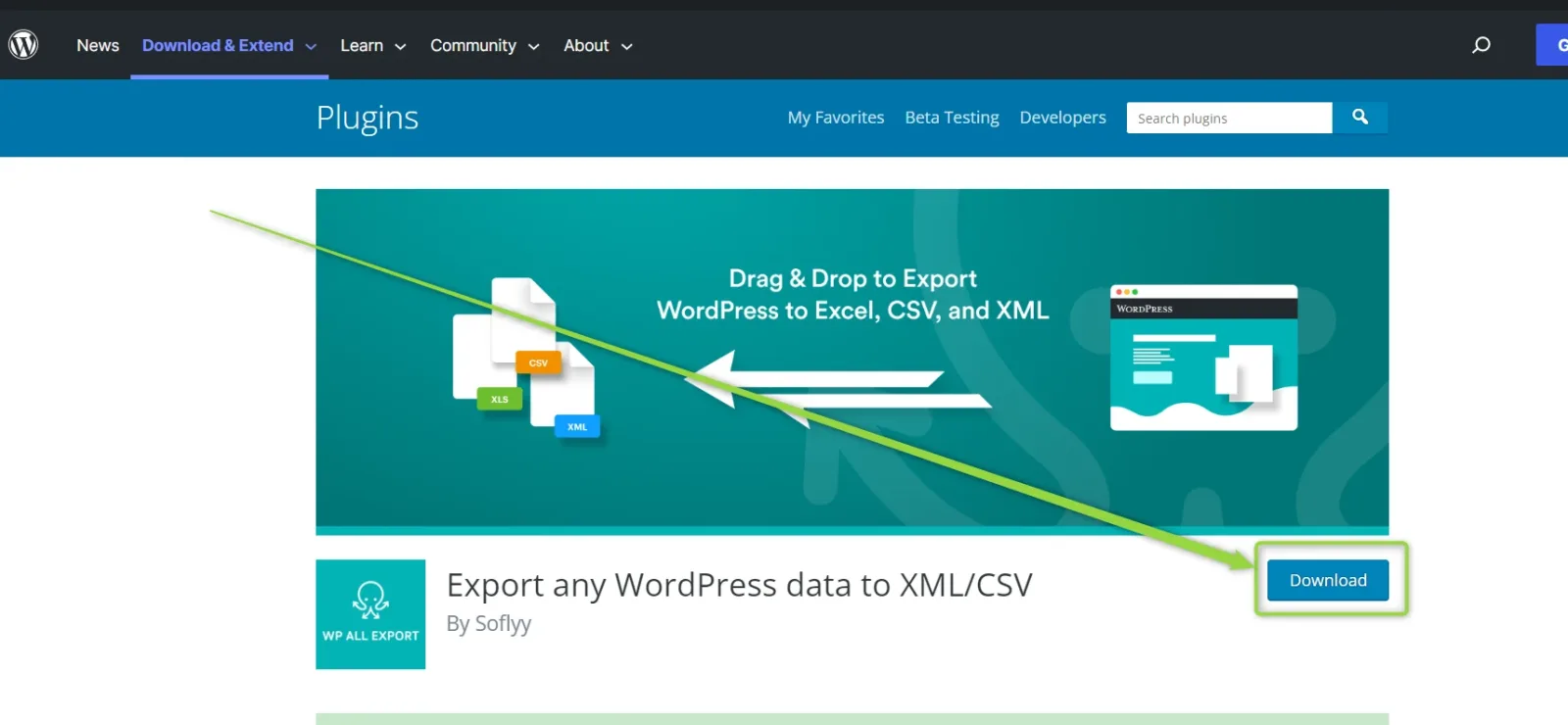 The WP All Export page on wordpress.org — “Export any WordPress data to XML/CSV” by Soflyy — with the blue Download button highlighted on the right.