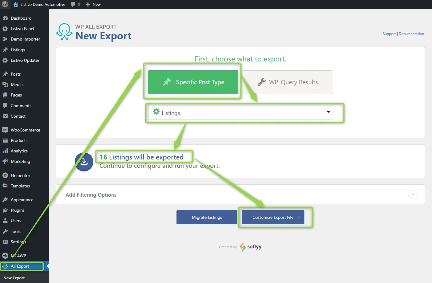 The New Export screen with Specific Post Type chosen, Listings selected in the dropdown, a notice that 16 Listings will be exported, and arrows pointing at Customize Export File rather than Migrate Listings.