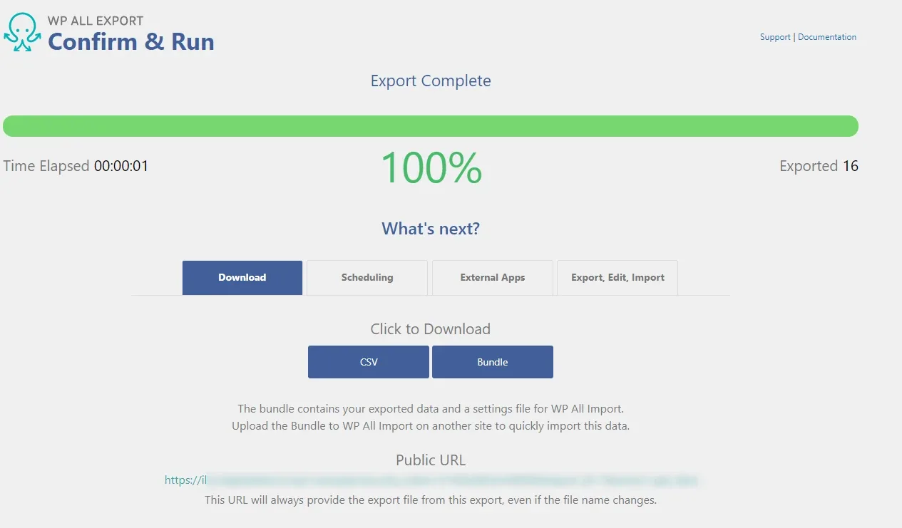 The Confirm & Run screen reading Export Complete at 100 percent with 16 records exported, offering CSV and Bundle downloads and a public URL for the file.