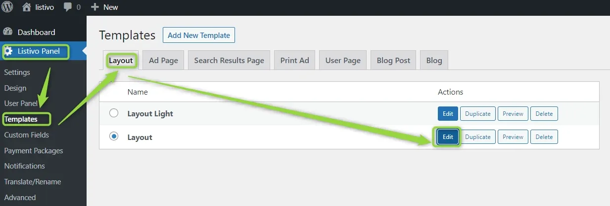 The Listivo Panel Templates screen with the Layout tab open. Arrows point at Templates in the left sidebar and at the Edit button next to the layout named Layout.