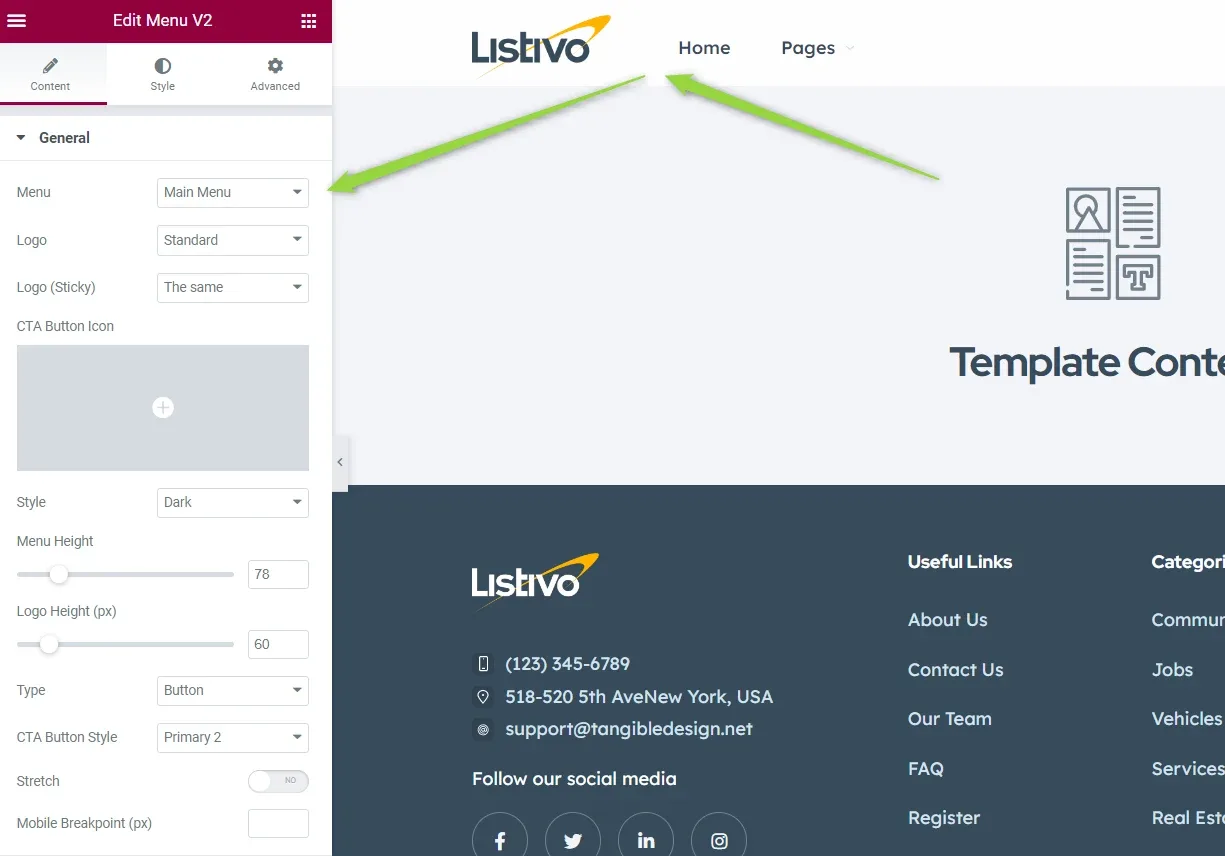 Elementor's Edit Menu V2 panel on the Content tab, with fields for Menu, Logo, Logo (Sticky), CTA Button Icon, Style, Menu Height, Logo Height, Type and Mobile Breakpoint, beside a live preview of the header.