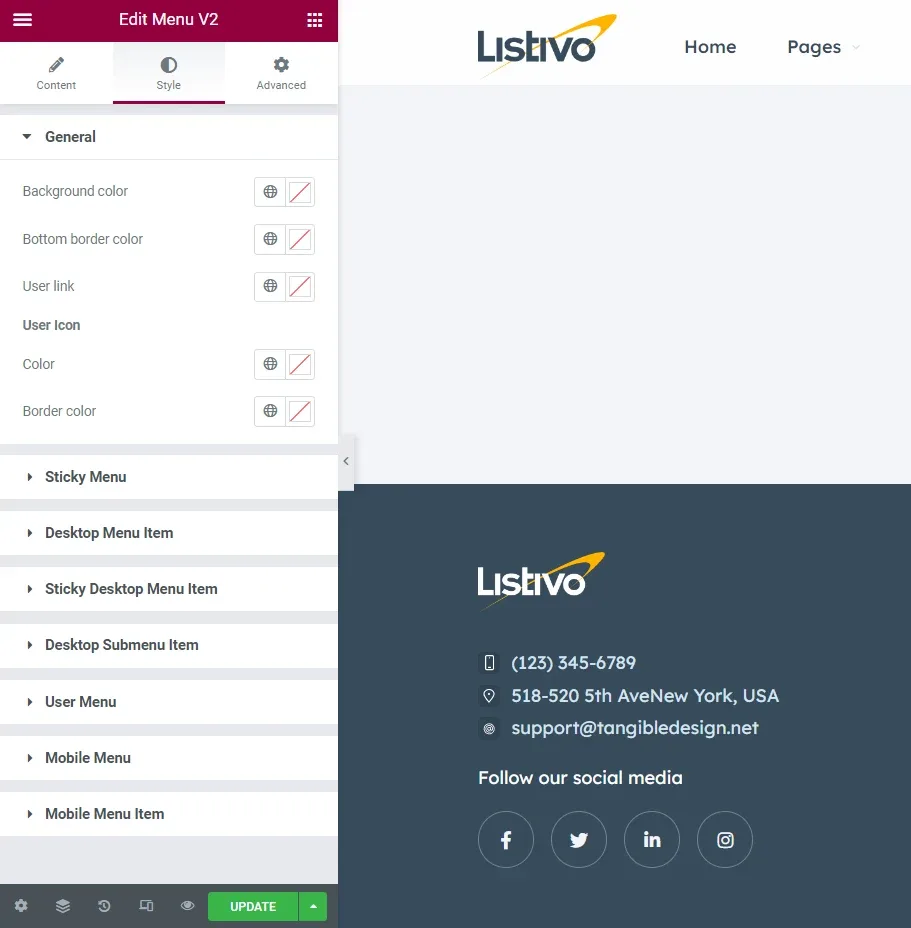 The Style tab of Edit Menu V2, with General colour pickers for background, bottom border and user link, above collapsed sections for Sticky Menu, Desktop Menu Item, Desktop Submenu Item, User Menu and Mobile Menu.