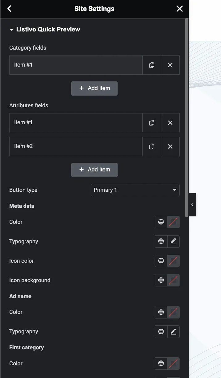 The Listivo Quick Preview panel: Category fields and Attributes fields item lists, Button type Primary 1, and colour and typography controls for Meta data, Ad name and First category.