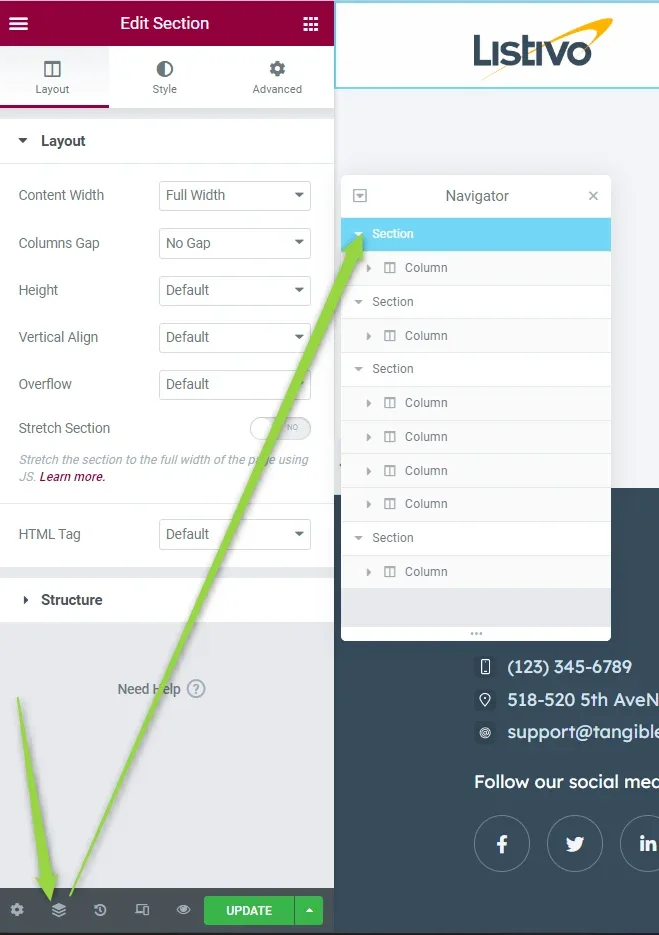 Elementor's Edit Section panel on the left and the Navigator window on the right, with the top Section entry highlighted; arrows point at the Navigator icon in the bottom toolbar.