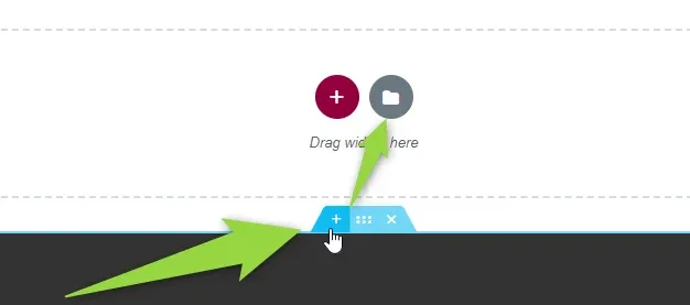 An empty Elementor drop area with a pink plus button and a grey folder button labelled Drag widget here; an arrow points at the blue section toolbar below it.