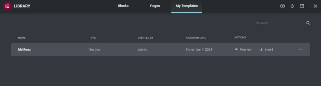 The Elementor Library dialog on the My Templates tab, listing one section template named MyMenu created by admin, with Preview and Insert actions.