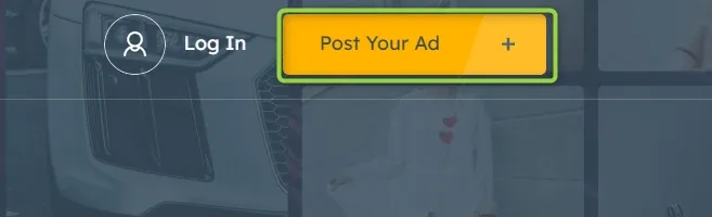 The header over a dark hero image, with a Log In link and a yellow Post Your Ad button outlined in green; the button carries a plus icon on its right.
