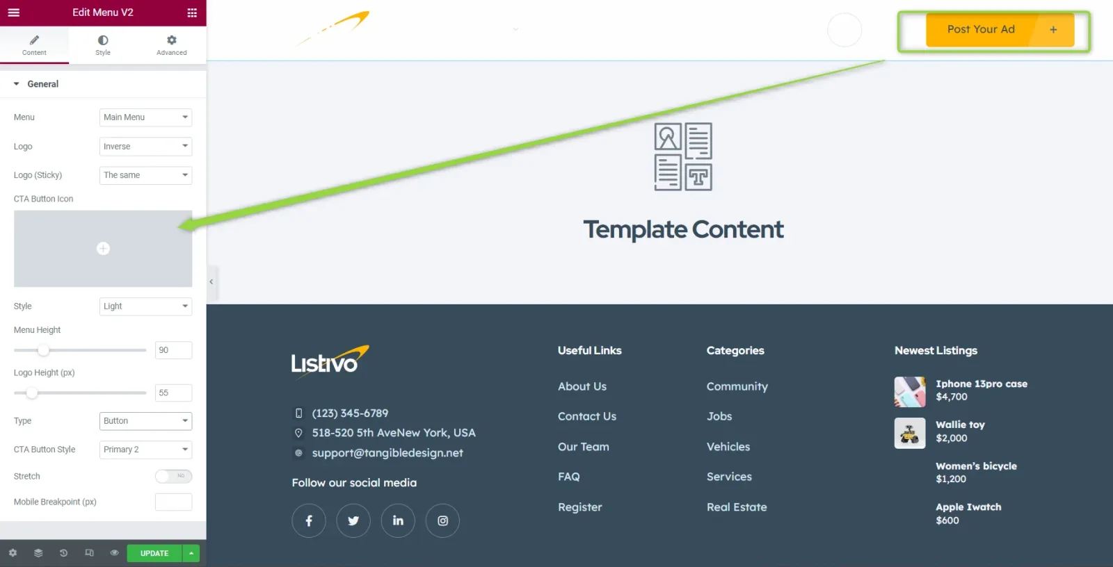The Elementor editor with the Edit Menu V2 panel open on the left showing the empty CTA Button Icon box; an arrow points from it to the yellow Post Your Ad button highlighted in the header preview.