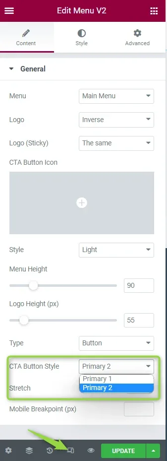 The Edit Menu V2 Content tab with the CTA Button Style dropdown open on Primary 1 and Primary 2, outlined in green, and an arrow pointing at the responsive mode icon in the bottom toolbar.