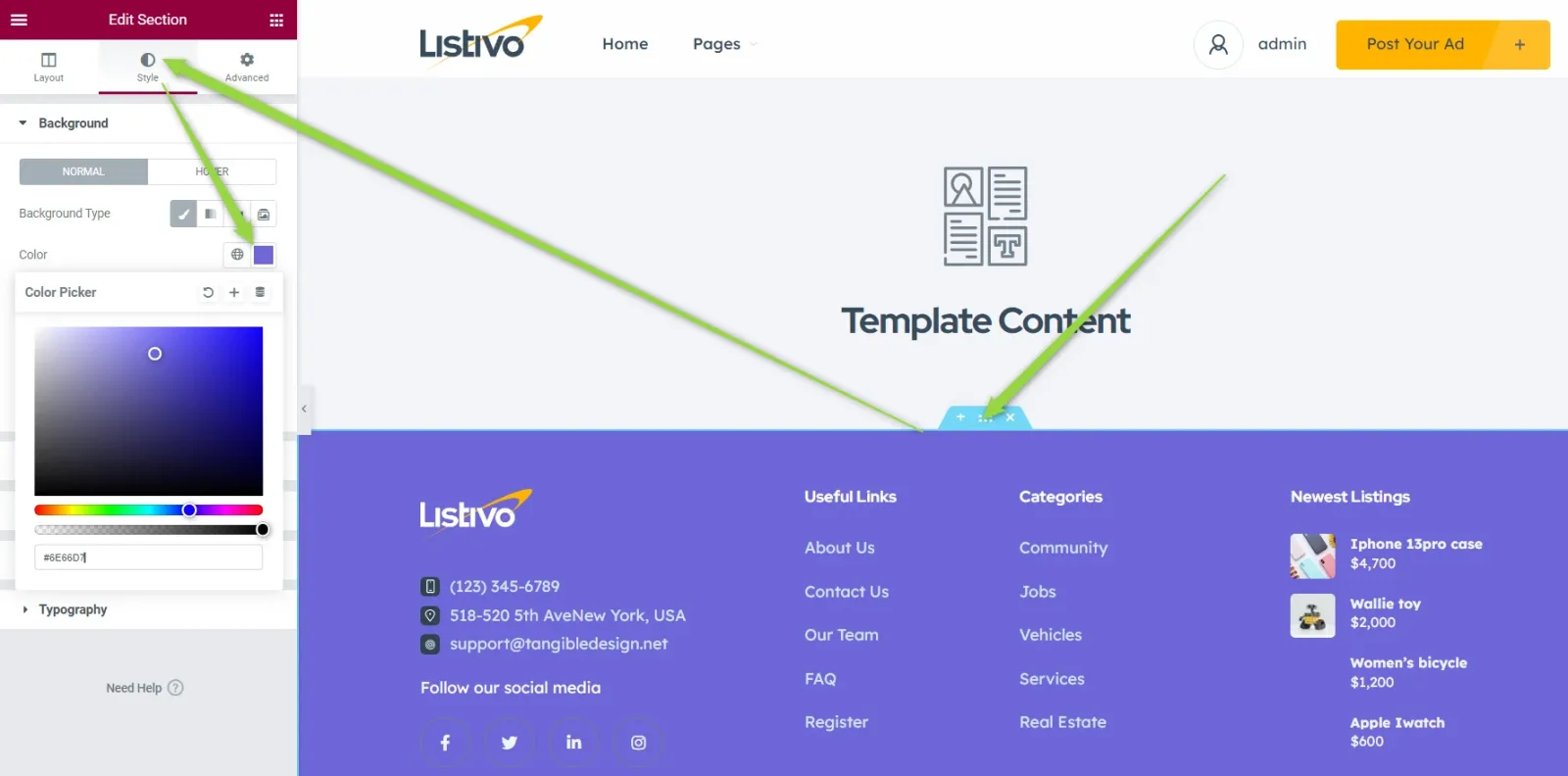 The Edit Section panel open on the Style tab with the Background colour picker showing, and arrows pointing from it to the footer, which is now purple in the preview.