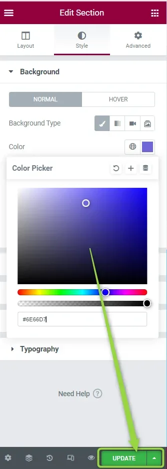 The Edit Section Style tab with the Color Picker open on hex value #6E66D7, and an arrow pointing down at the green UPDATE button in the bottom toolbar.