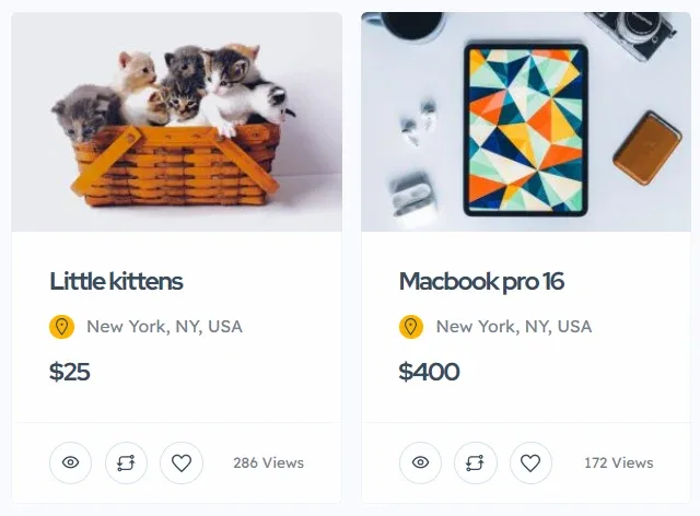 Two listing cards, "Little kittens" priced $25 and "Macbook pro 16" priced $400, each price shown on its own with no text after it.