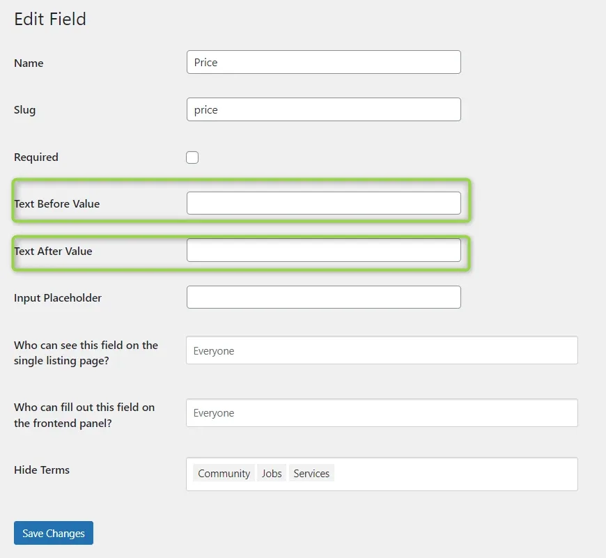 The Edit Field screen for Price with the “Text Before Value” and “Text After Value” inputs outlined in green, both still empty.