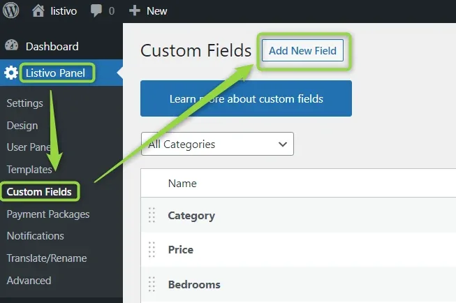 The Custom Fields screen with arrows pointing to Custom Fields in the Listivo Panel sidebar and to the “Add New Field” button at the top.