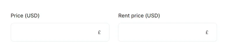 Two empty inputs side by side on the ad form, labelled “Price (USD)” and “Rent price (USD)”, each with a £ sign inside the field.