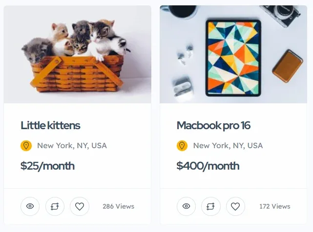 The same two listing cards, now priced $25/month and $400/month.