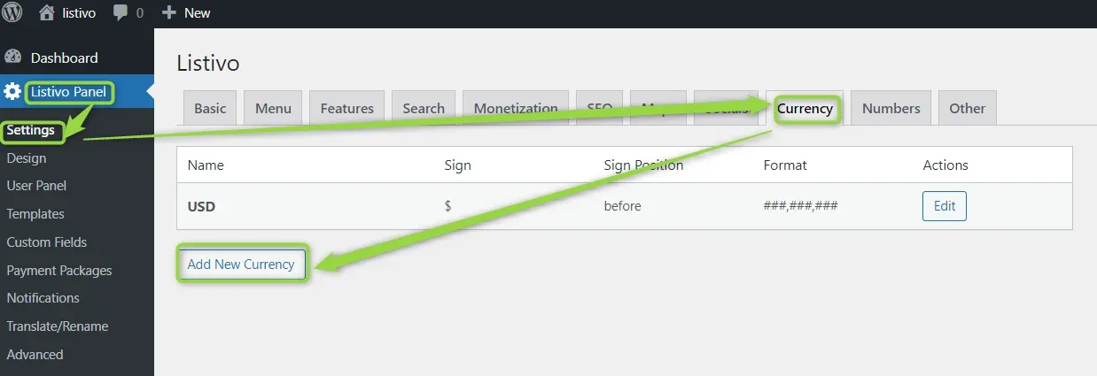 Listivo Panel settings with the Currency tab circled; below it a table with one USD row (sign $, sign position before, format ###,###,###) and an "Add New Currency" button.