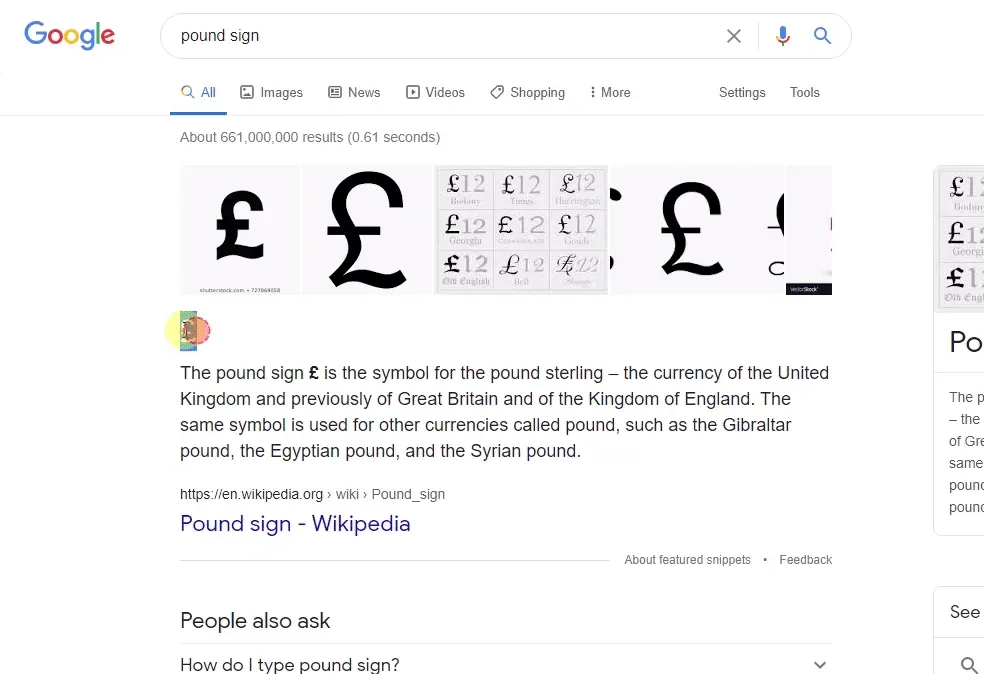 A Google search results page for "pound sign", showing the £ symbol in the image strip and a Wikipedia featured snippet explaining the pound sign.