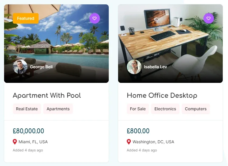 Two listing cards, "Apartment With Pool" priced £80,000.00 and "Home Office Desktop" priced £800.00, with the pound sign before the number.