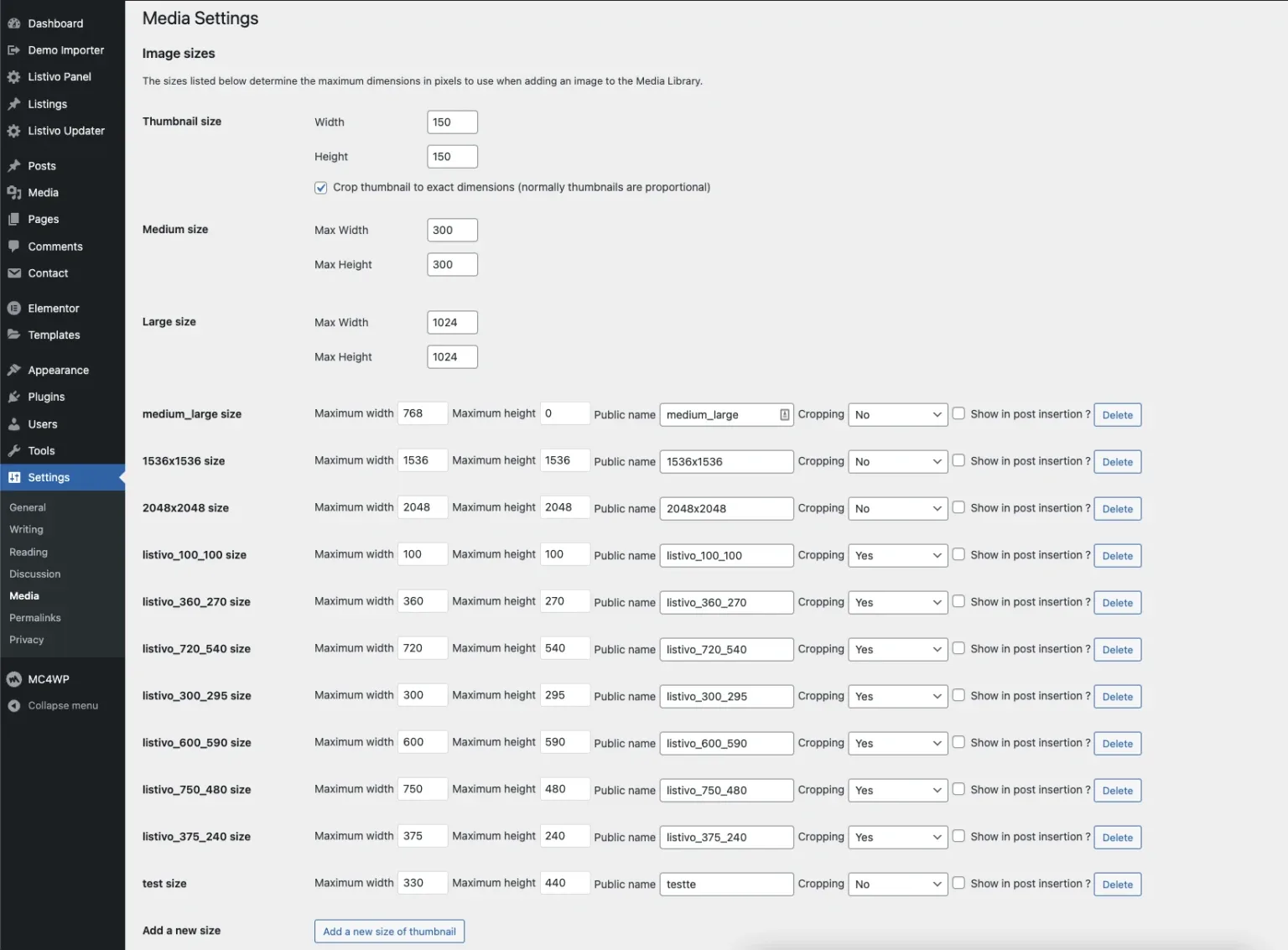 WordPress Settings › Media screen listing the thumbnail, medium and large sizes above a long list of Listivo image sizes, each with width, height, public name and crop controls.