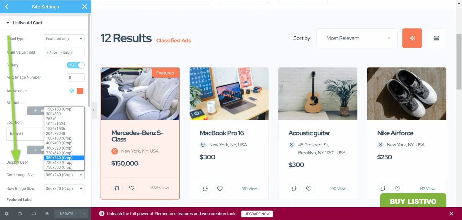 The Listivo Ad Card design panel open beside a search results page, with the image size dropdown expanded to a list of available sizes.