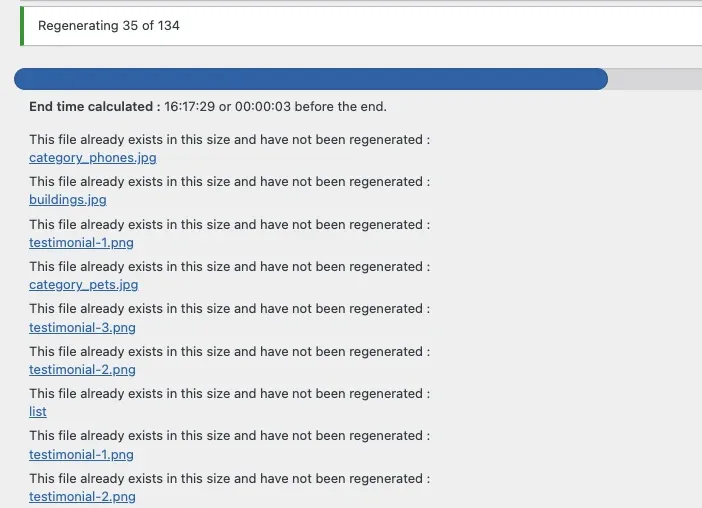 The regeneration in progress: a bar reading Regenerating 35 of 134, an estimated end time, and a log of files that already exist in this size and were not regenerated