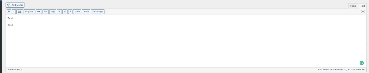 The WordPress classic editor on the Text tab, with the quicktag buttons above and two consecutive lines both reading "Text"; the footer shows a word count of 2.