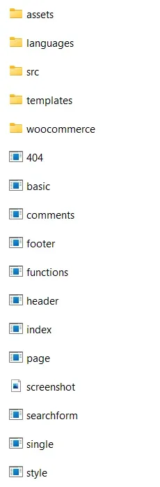 A listing of the unzipped theme folder: the folders assets, languages, src, templates and woocommerce, then the files 404, basic, comments, footer, functions, header, index, page, screenshot, searchform, single and style.