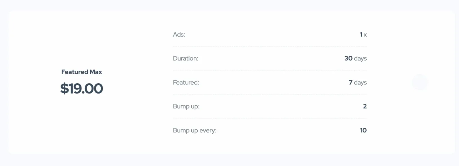 A package summary for Featured Max at $19.00 listing Ads 1x, Duration 30 days, Featured 7 days, Bump up 2 and Bump up every 10.