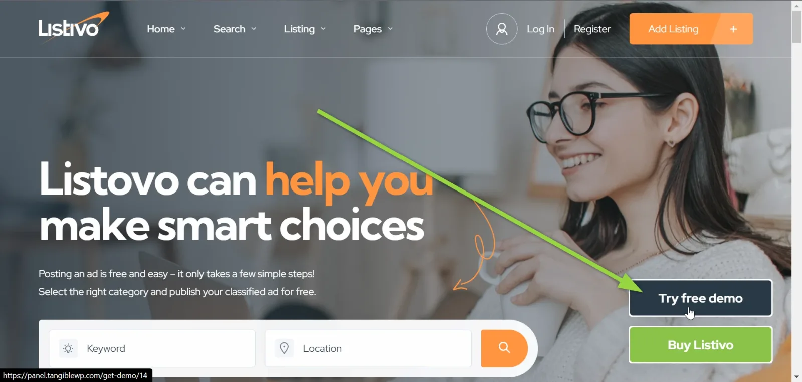 Listivo demo homepage; a green arrow points at the dark "Try free demo" button, with a green "Buy Listivo" button beneath it.