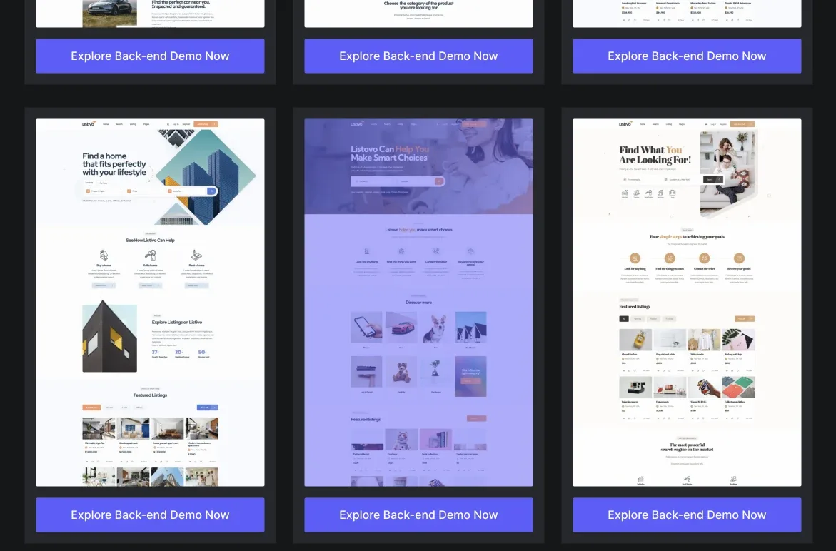 Grid of demo screenshots on the try-for-free page, each thumbnail with a purple "Explore Back-end Demo Now" button underneath.