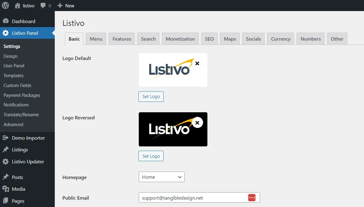 WordPress admin with the Listivo Panel Basic settings open, showing the default and reversed logo, homepage and public email fields.