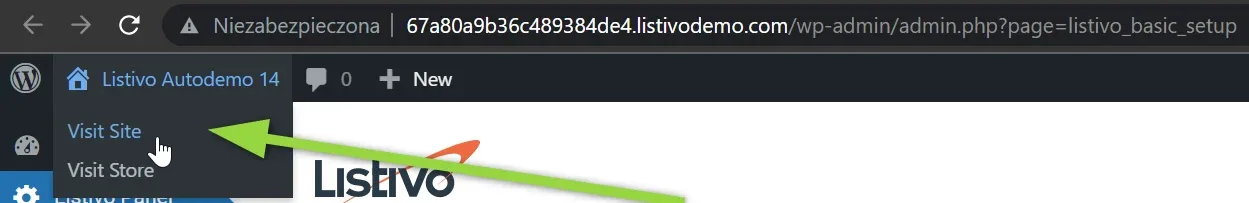 WordPress admin bar with the site menu open and the cursor over "Visit Site".