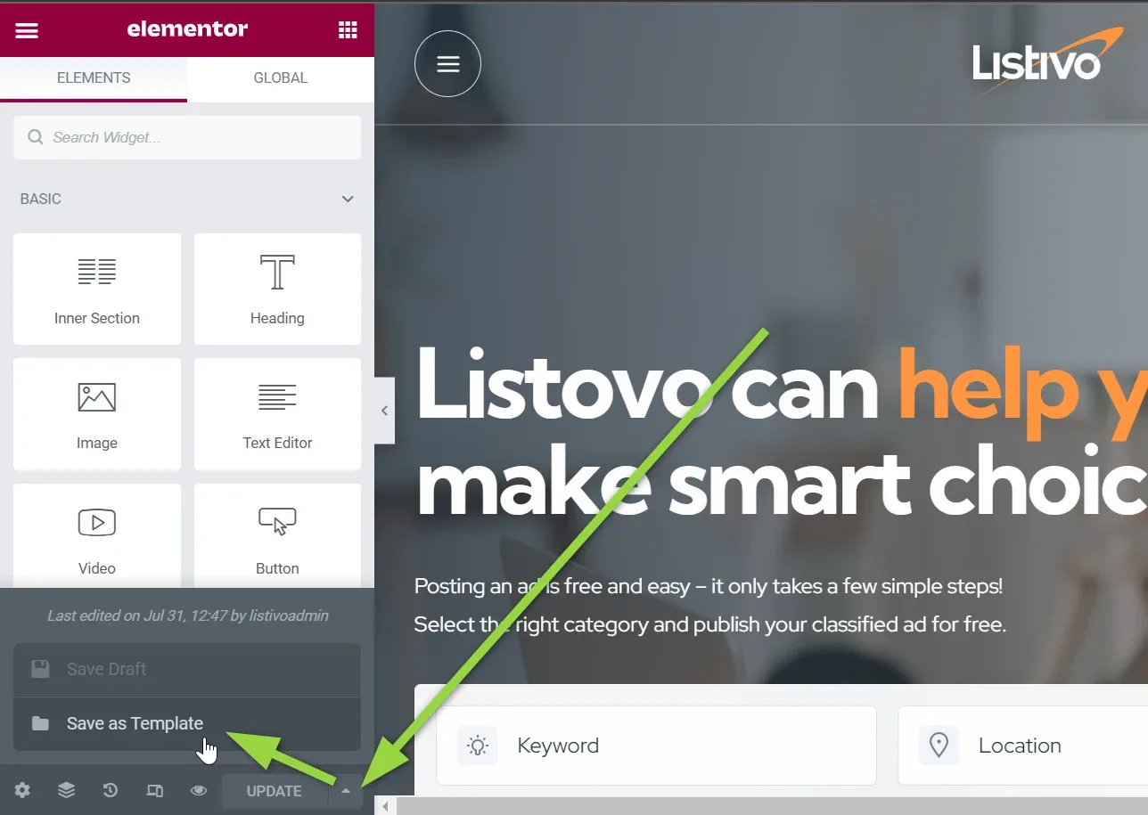 Elementor editor with the widget panel on the left; a green arrow points at "Save as Template" in the menu above the UPDATE button.