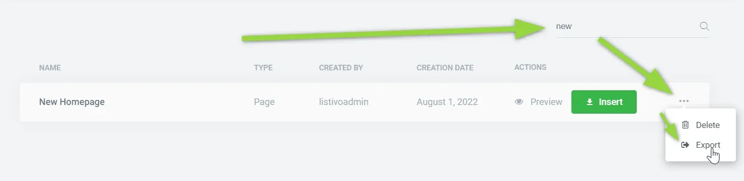 Elementor template library filtered by the search word "new"; the row menu for New Homepage is open showing Delete and Export.
