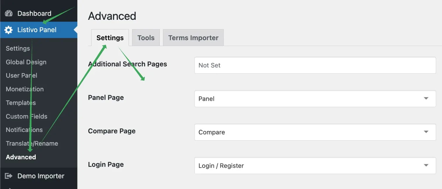 The Advanced screen of the Listivo Panel on its Settings tab, with arrows from the sidebar to the Additional Search Pages selector (reading Not Set) and the Panel Page, Compare Page and Login Page selectors below it.