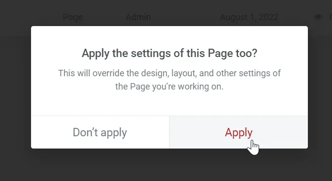 Elementor dialog "Apply the settings of this Page too?" offering "Don't apply" and "Apply"; the cursor is on Apply.