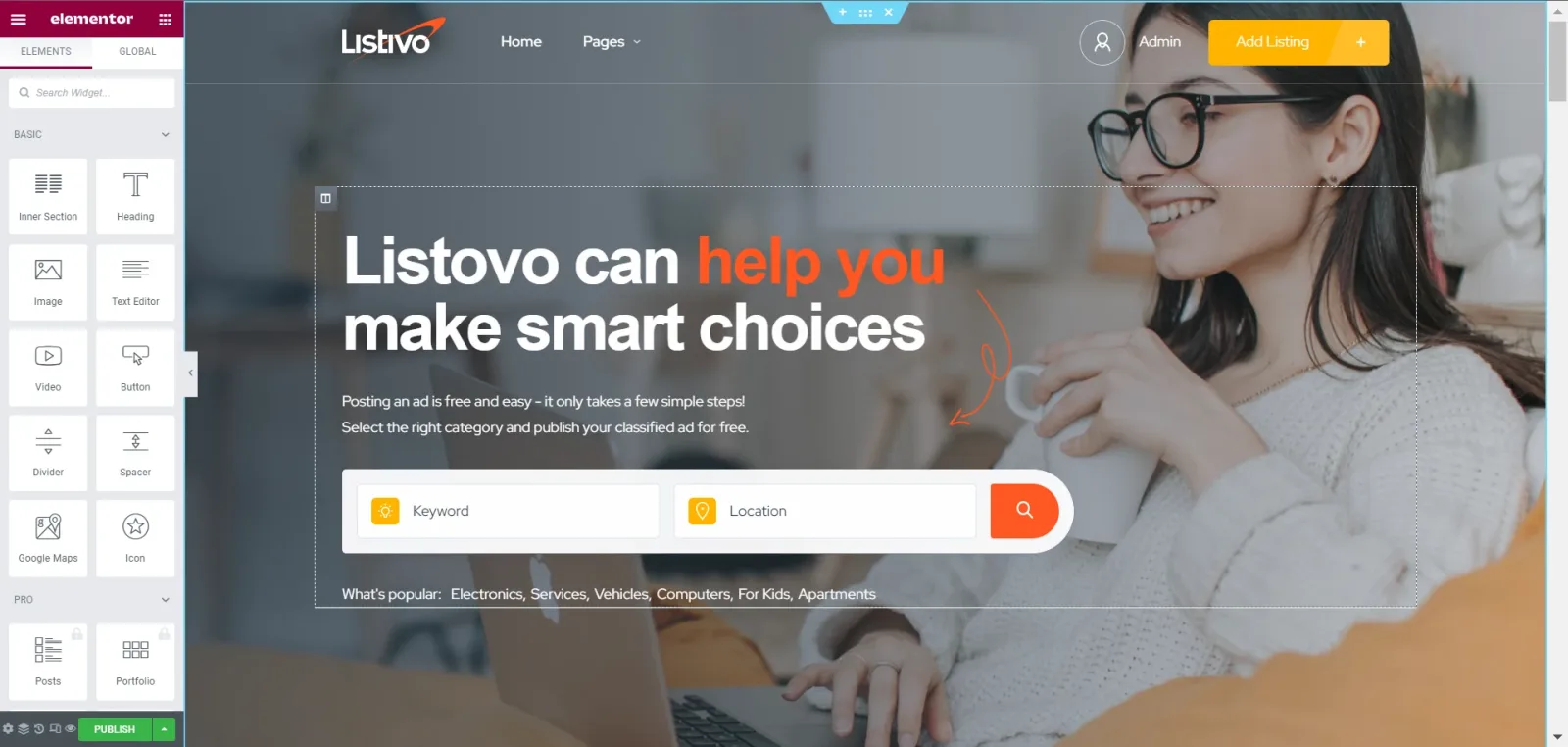 The imported homepage open in the Elementor editor, rendered with orange buttons and search bar instead of the original demo colors.