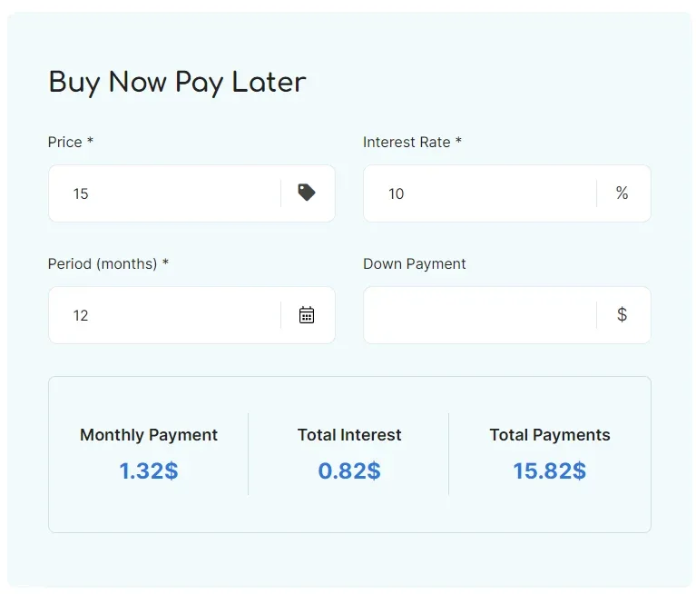 The "Buy Now Pay Later" block on a listing page: price, interest rate, period and down payment fields above a summary of monthly payment, total interest and total payments.