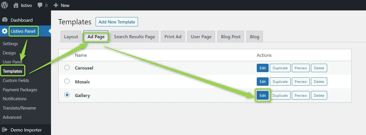 The Templates screen of the Listivo Panel on the "Ad Page" tab, listing Carousel, Mosaic and Gallery templates; the Edit button of the selected Gallery template is highlighted.