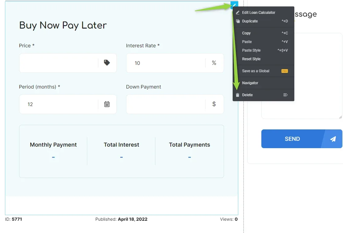 The Buy Now Pay Later block selected in Elementor with its context menu open, showing "Edit Loan Calculator", Duplicate, Copy, Paste, Reset Style, Save as a Global, Navigator and Delete.