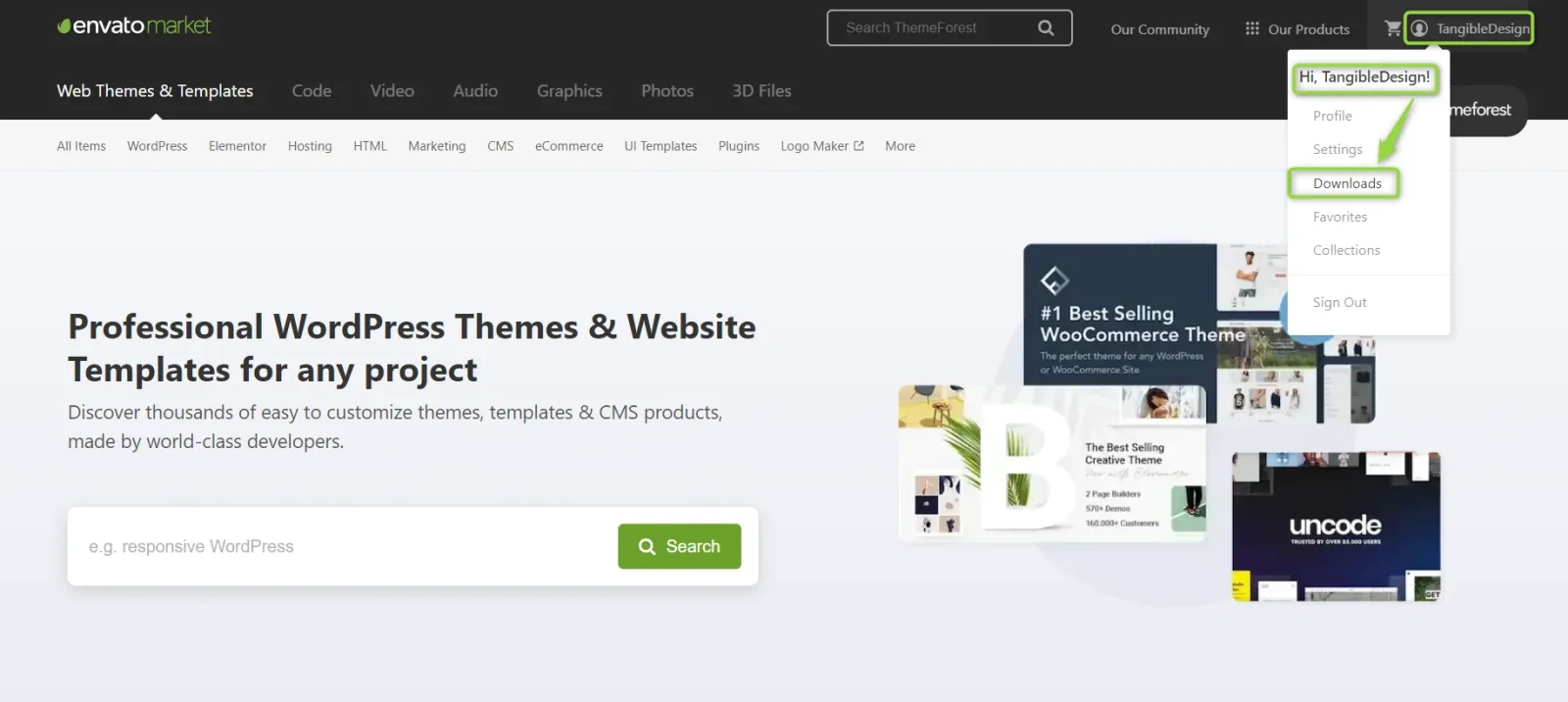 The Envato Market home page with the account drop-down open under the user name; a green arrow points at the highlighted "Downloads" entry in the menu.