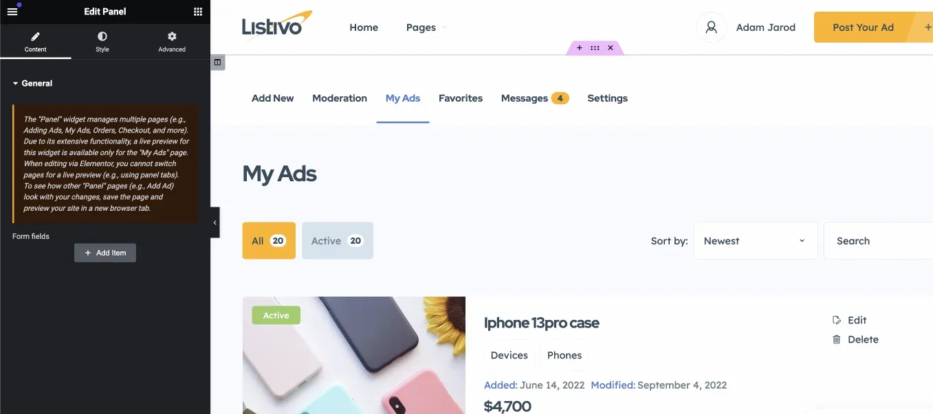 The front-end user panel open on My Ads, listing an iPhone 13 pro case ad with Edit and Delete actions, while the Elementor sidebar on the left shows a note about the Panel widget.