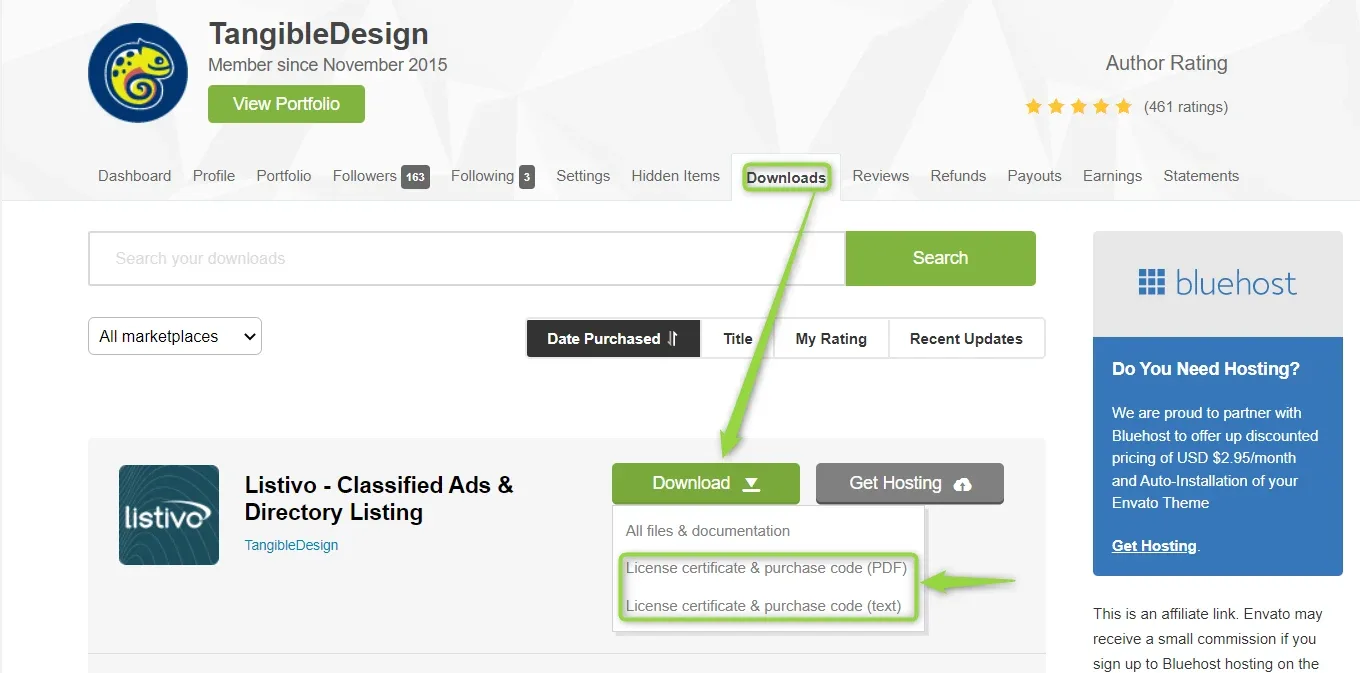 The Envato Market Downloads page listing the Listivo item; the Download drop-down is open and green arrows point at the Downloads tab and at the two highlighted "License certificate & purchase code" options, PDF and text.